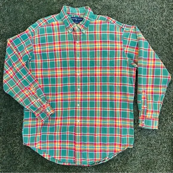 Vtg Ralph Lauren Tartan Plaid Button Down Long Sleeve Oxford Shirt RARE COLOR L - Picture 2 of 8
